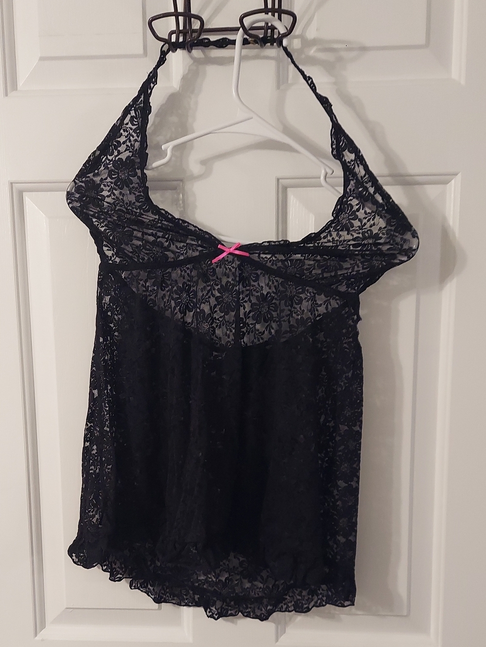 Black Lace Halter Sleepwear Chemise with Pink Accent
